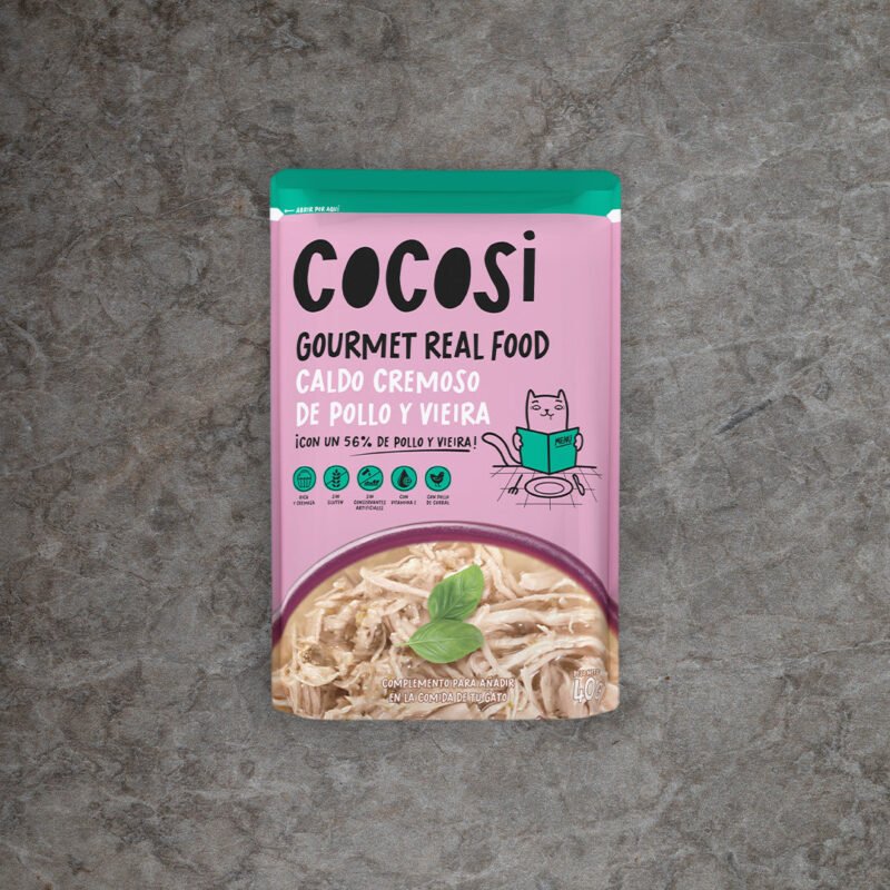 Cocosi Caldo cremoso para gato de pollo y vieira