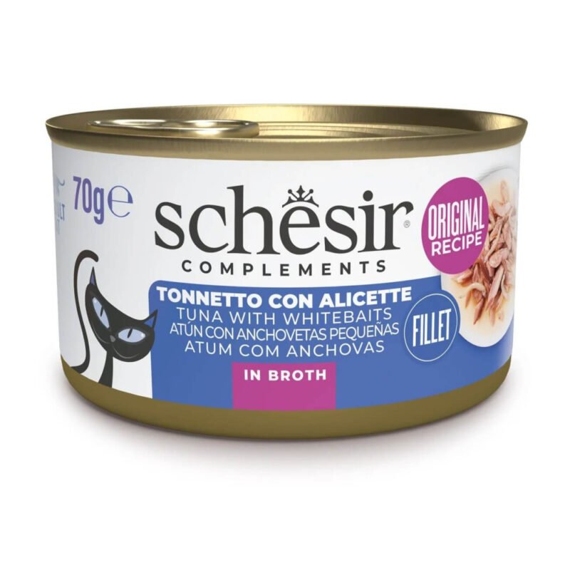 Schesir Adult Filetes de Atún con Anchoas en Caldo Lata para Gatos