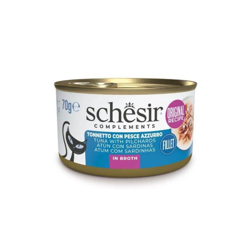 Schesir Adult Filetes de Atún con Pescado Azul en Caldo Lata para Gatos