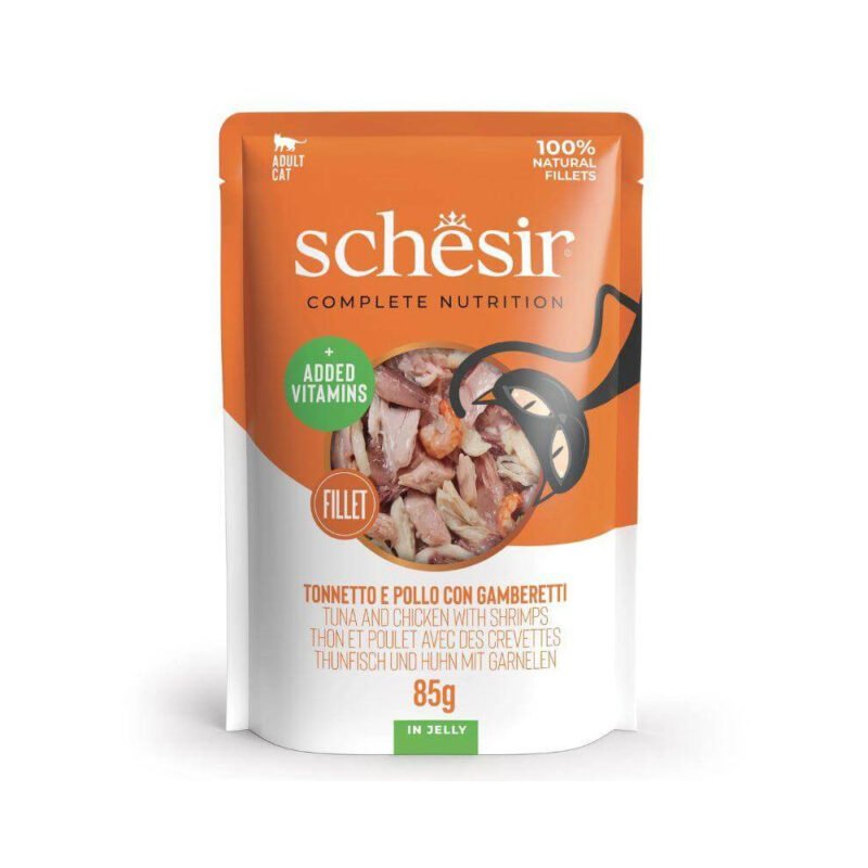 Schesir Adult Filetes de Atún y Pollo con Gambas en Gelatina Sobre para Gatos