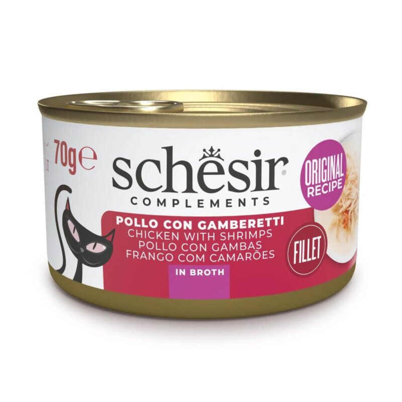 Schesir Adult Filetes de Pollo con Gambas en Caldo Lata para Gatos