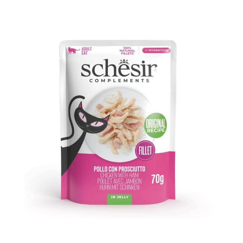 Schesir Adult Filetes de Pollo con Jamón en Gelatina Sobre para Gatos