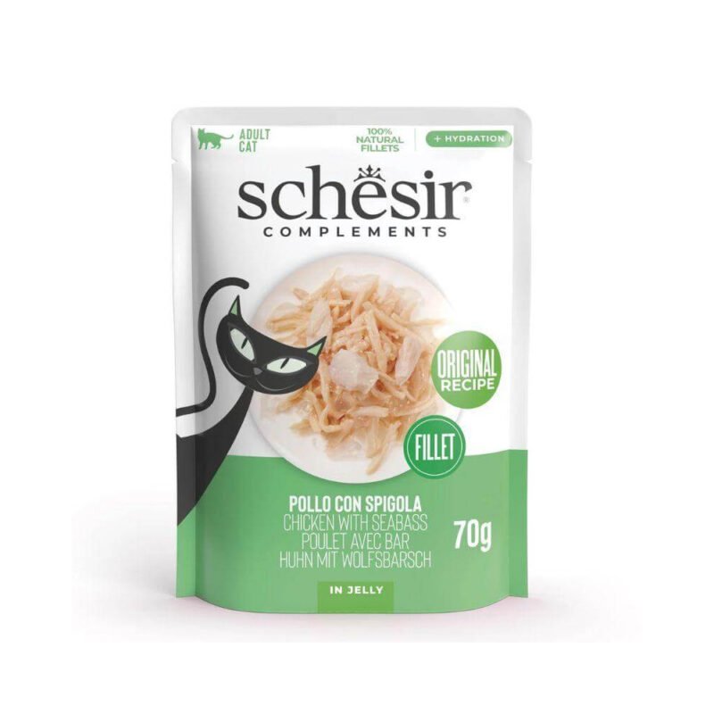 Schesir Adult Filetes de Pollo con Lubina en Gelatina Sobre para Gatos