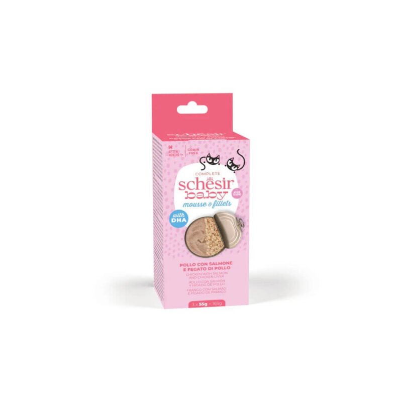 Schesir Baby Doble Texture Pollo con Salmón e Hígado de Pollo Lata para Gatitos