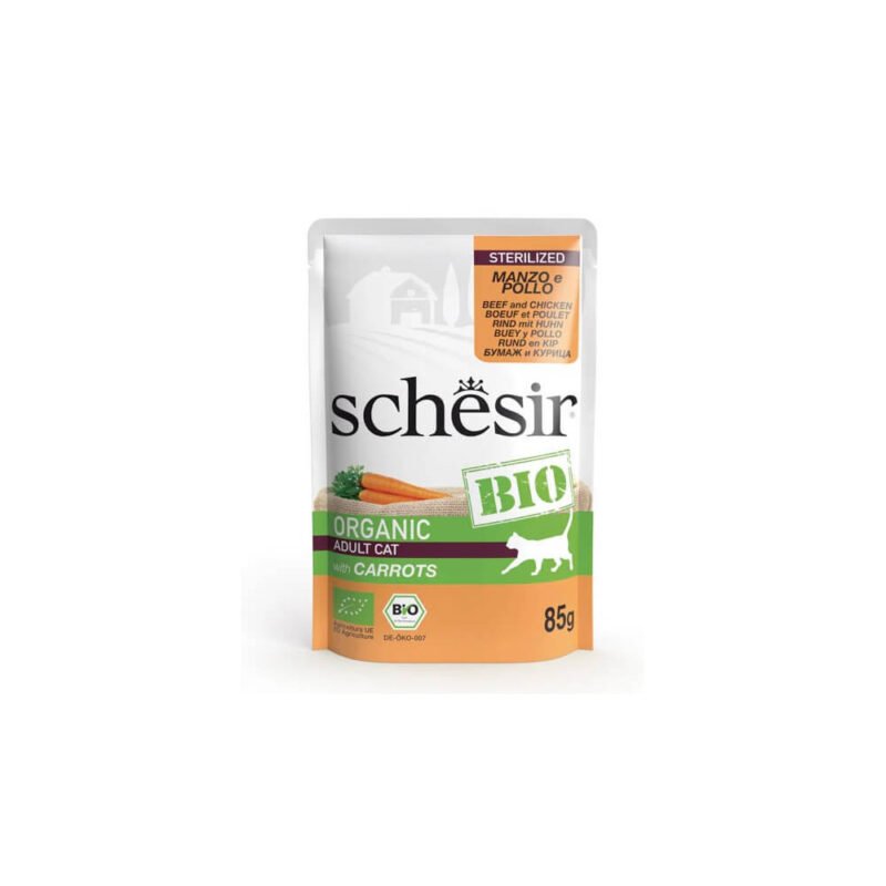 Schesir BIO Adult Sterilized Buey y Pollo con Zanahoria Paté Sobre para Gatos