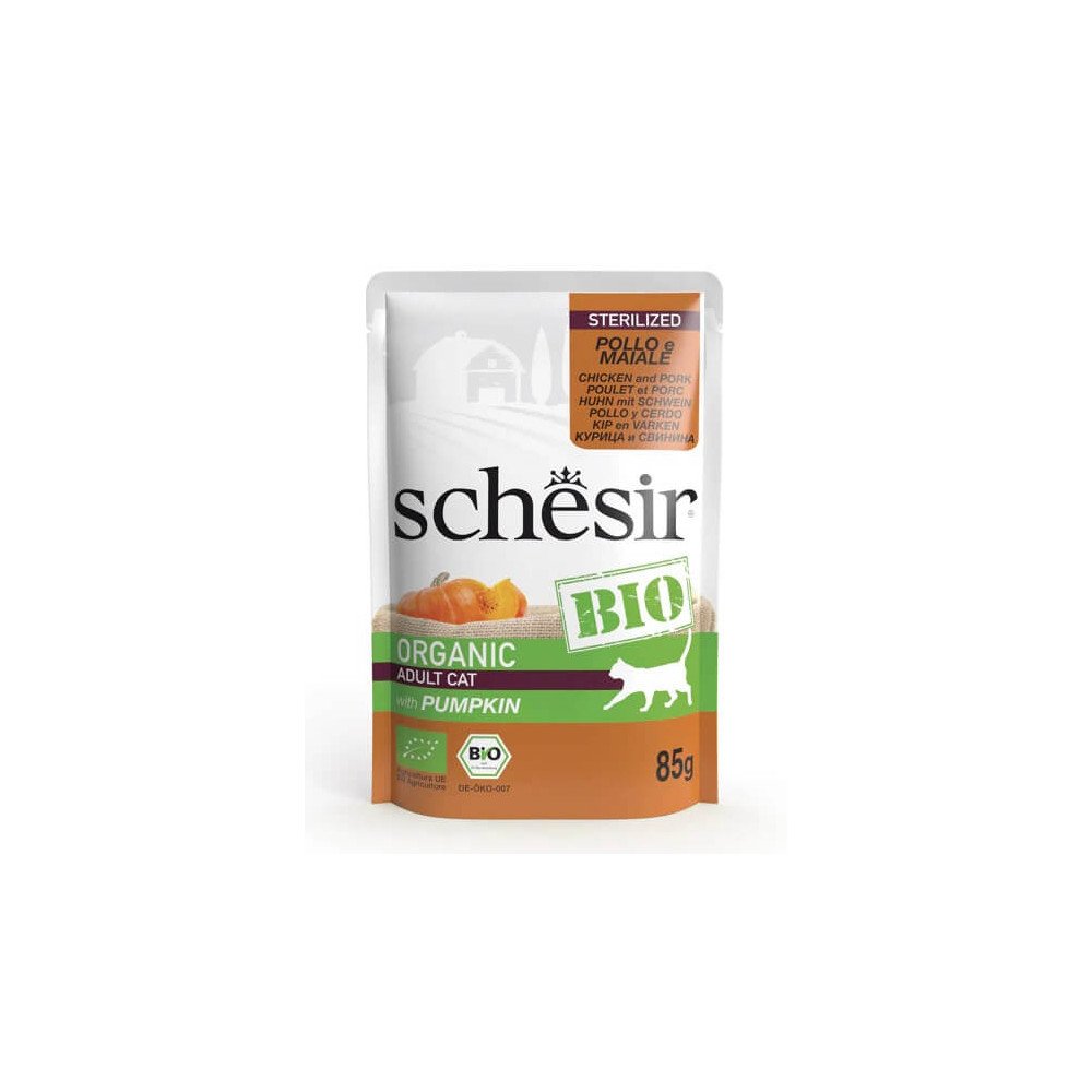 Schesir BIO Adult Sterilized Pollo y Cerdo con Calabaza Paté Sobre para Gatos