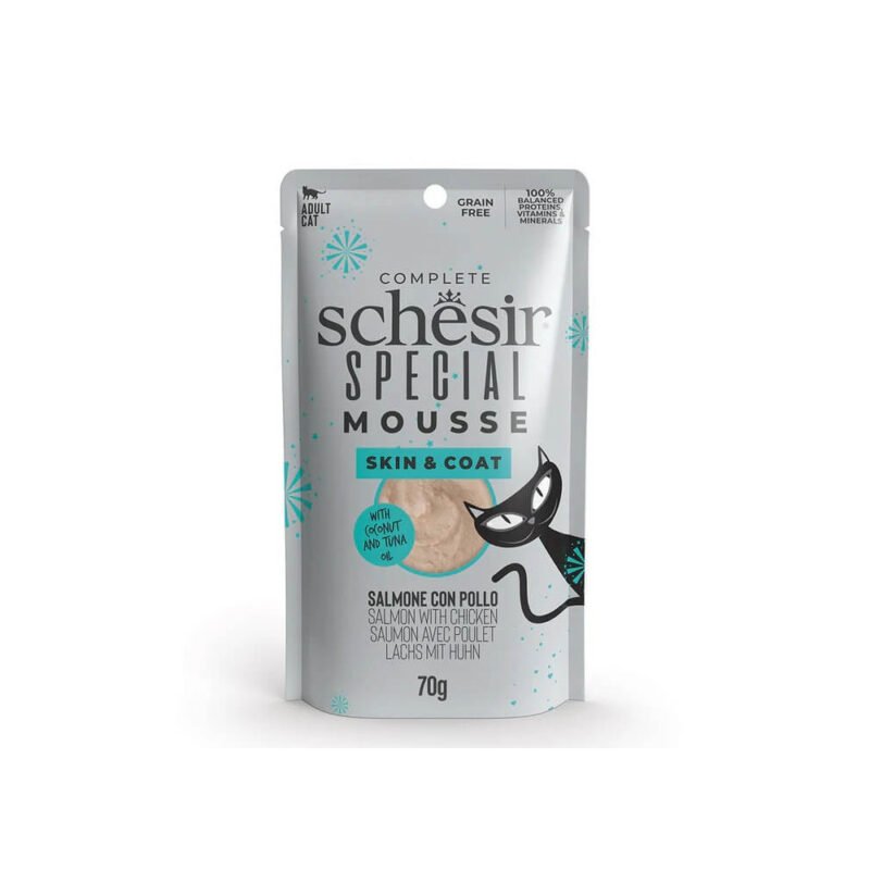 Schesir Special Mousse Skin & Coat Salmón con Pollo Sobres para Gatos