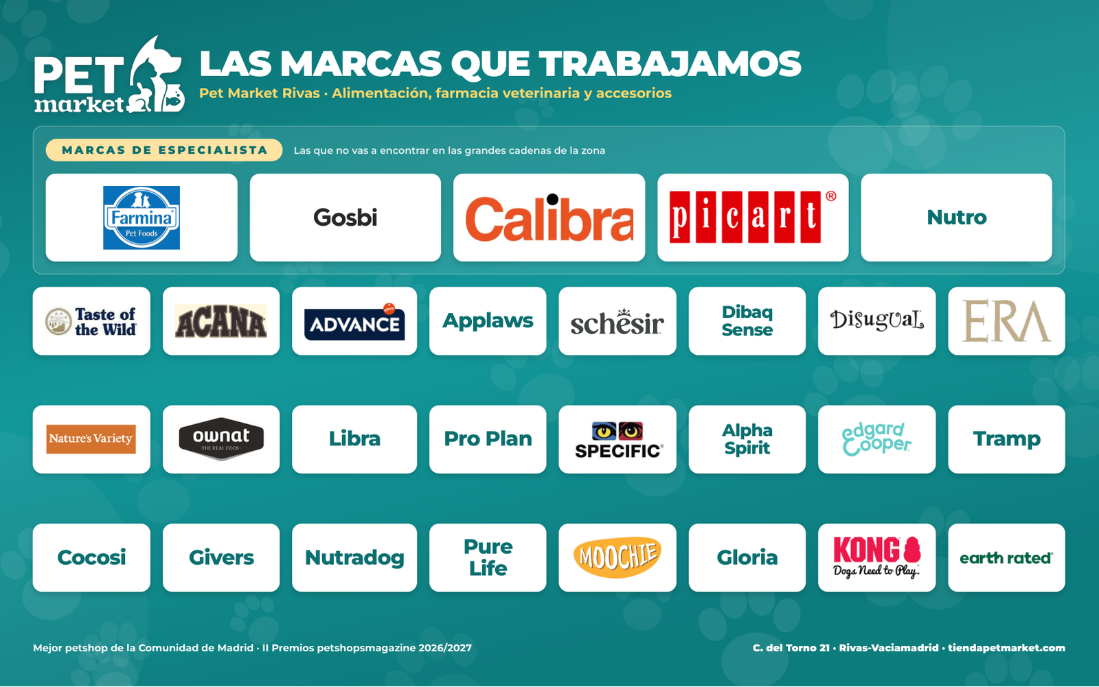 Marcas de pienso y comida para mascotas en Pet Market Rivas: Farmina N&D, Gosbi, Calibra, Picart, Nutro, Taste of the Wild, Acana, Applaws, Schesir, Ownat y más